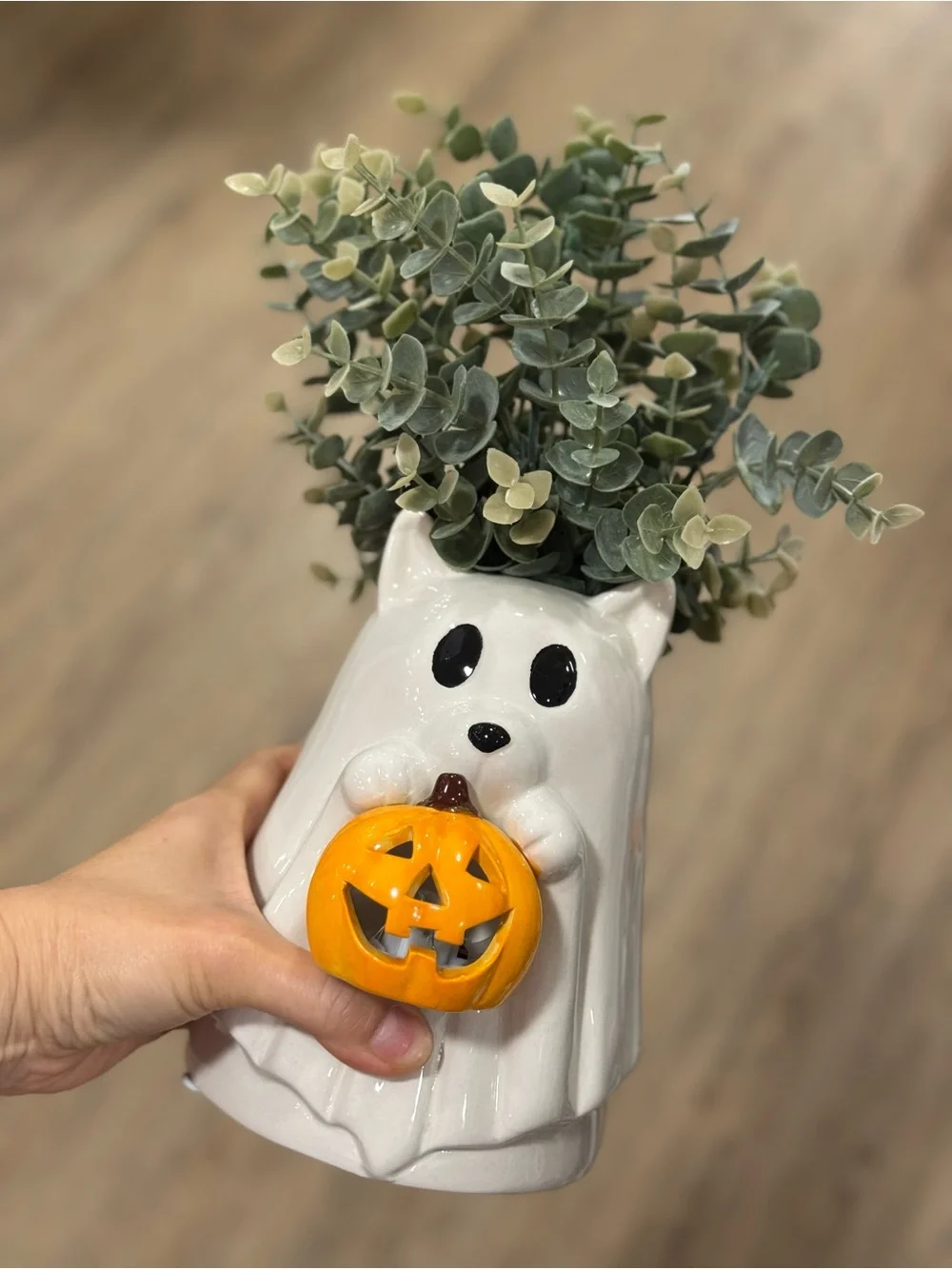 LED Ghost Pumpkin Ceramic Planter Vase - White and Orange